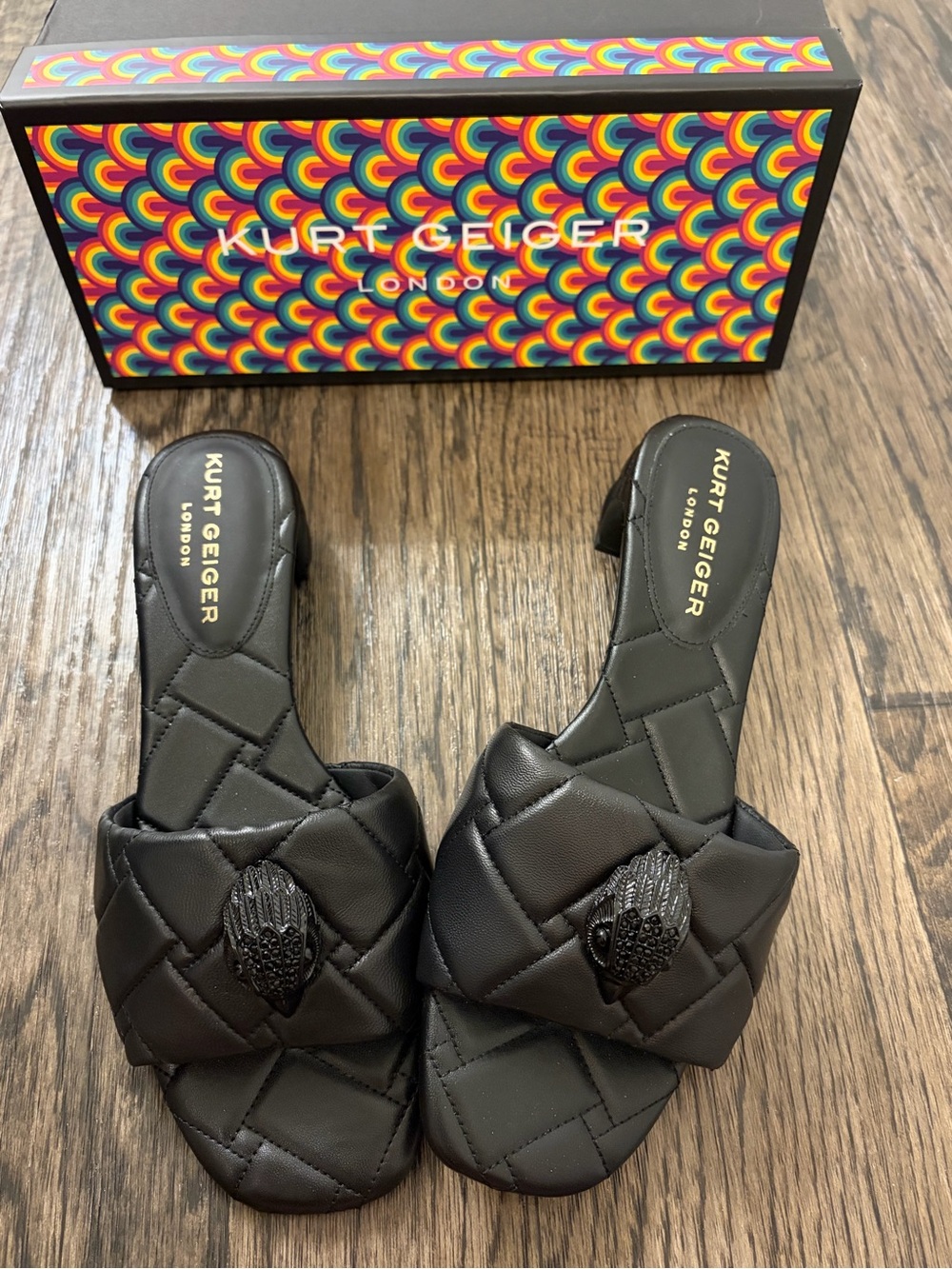 Kurt Geiger Black Quilted Slide Mules with Emblem